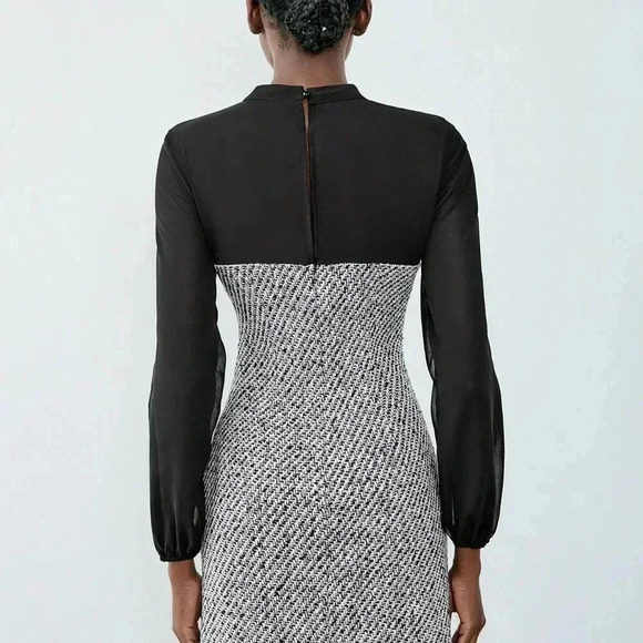 Black Elegant Women's Button Decor Chiffon Patchwork Lantern Sleeve Dress - Picture 2 of 6